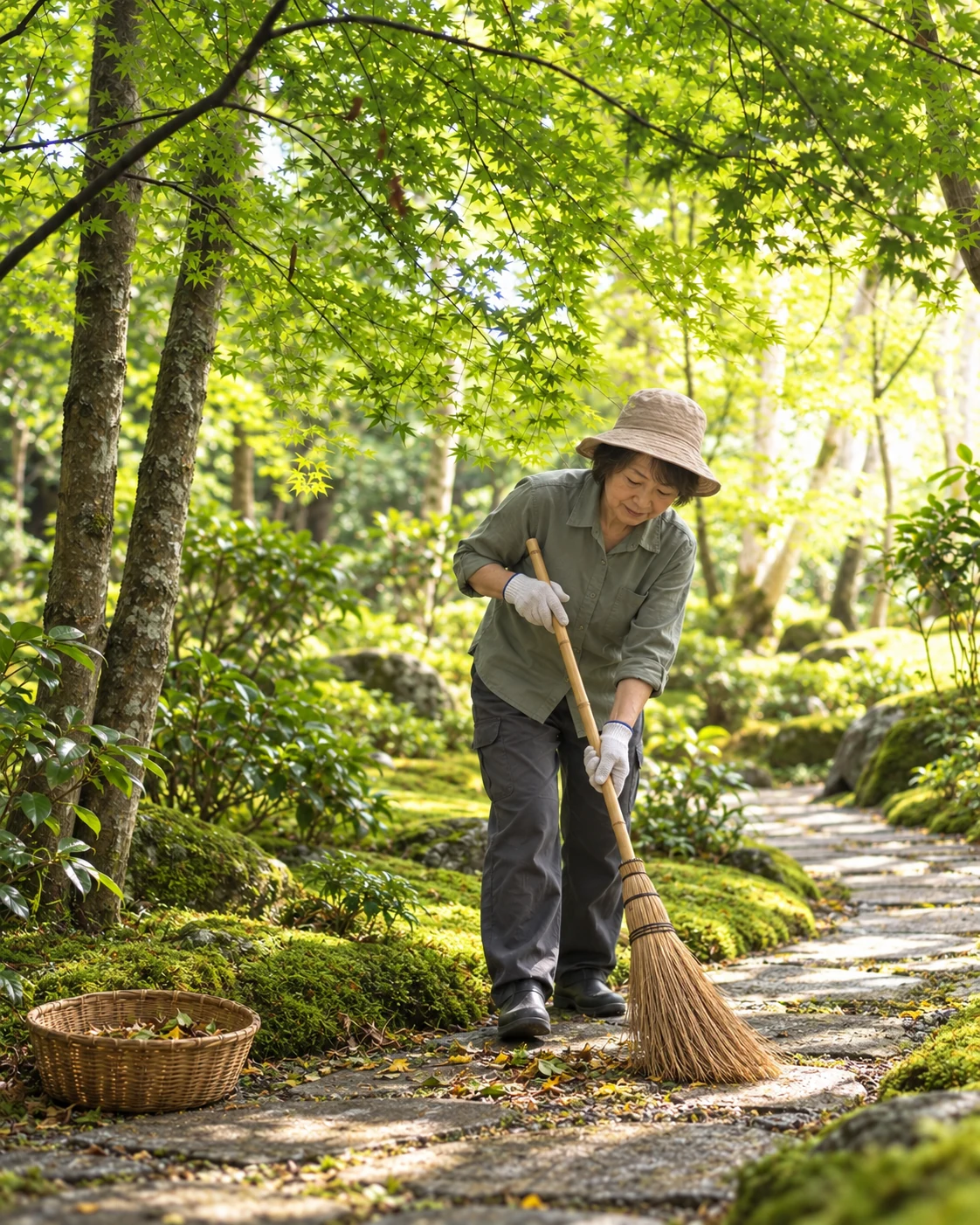 木々に囲まれた石畳で、竹ぼうきを使って落ち葉を掃く女性。作業風景のイメージ画像